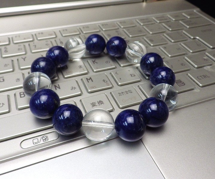 14mm玉ラピスラズリ9個＆透明本水晶4個ブレスレット（シリコンワイヤー 腕サイズ13.6～15.0cm用） 【ＸＳサイズ】