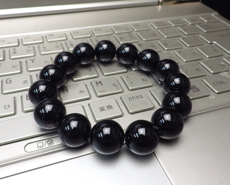 14mm玉ブラックトルマリン14個ブレスレット（シリコンワイヤー 腕サイズ15.1～16.5cm用） 【Ｓサイズ】