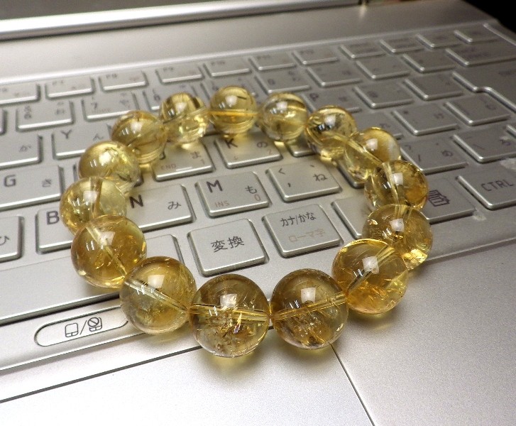 14mm玉シトリン15個ブレスレット（シリコンワイヤー 腕サイズ16.6～18.0cm用） 【Ｍサイズ】