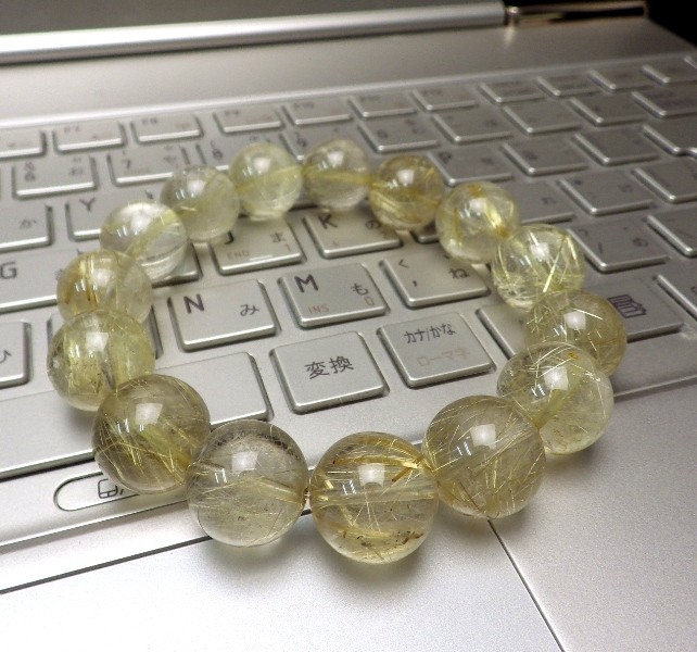 14mm玉金ルチル15個ブレスレット（シリコンワイヤー 腕サイズ16.6～18.0cm用） 【Ｍサイズ】